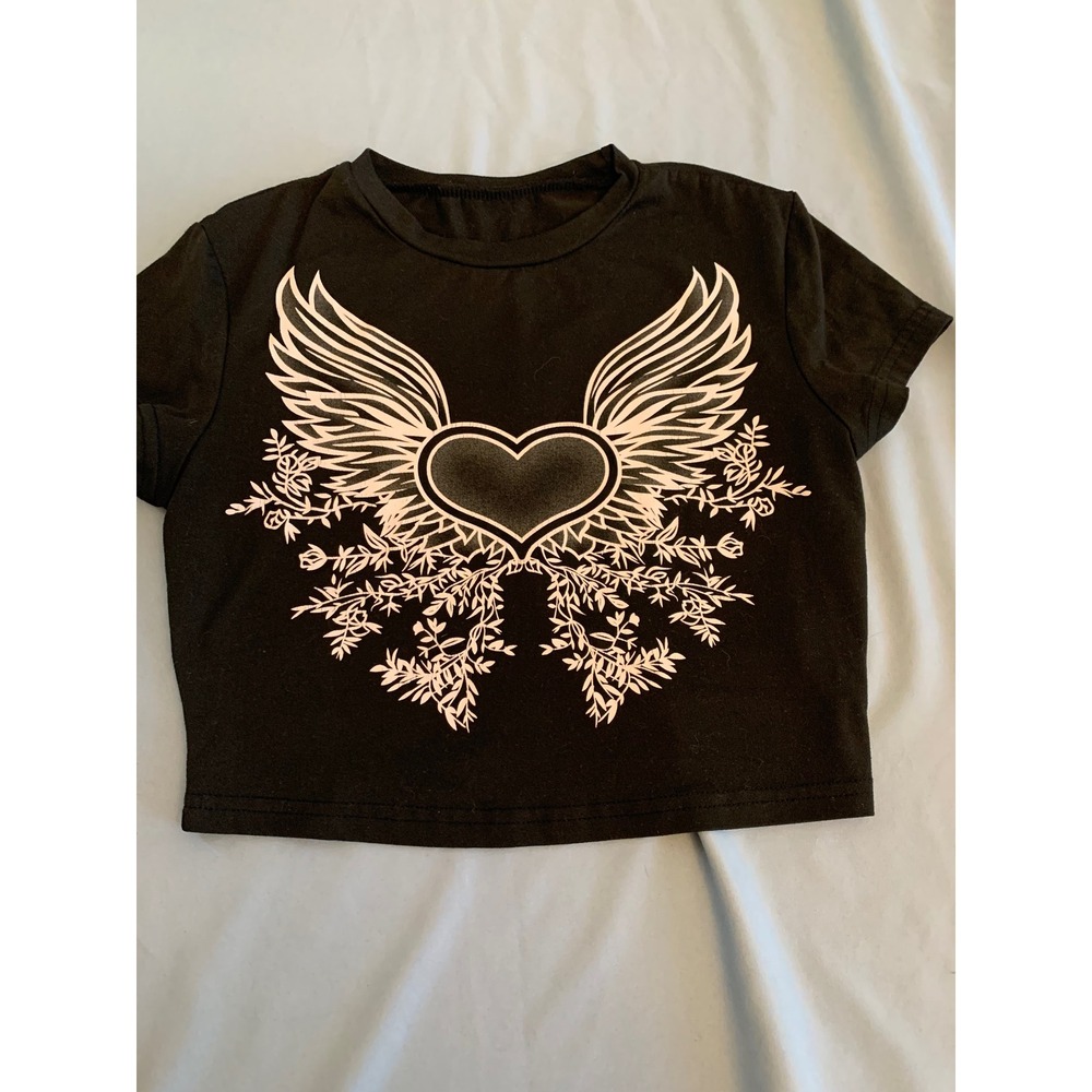 SHEIN Womens Black Winged Heart Floral Graphic Crop Top Tee Size XS